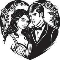 wedding couple with heart silhouette black and white illustration vector