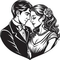 wedding couple with heart silhouette black and white illustration vector