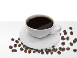 Cup of and coffee beans on ta ble, transparent background png