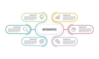 Infographic thin line colorful design template. 6 options or process to success. Business presentation, Organization, Project, Banner, Marketing and Workflow. vector