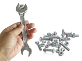 chrome spanner with nut and bolt, transparent background png