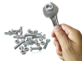 chrome spanner with nut and bolt, transparent background png