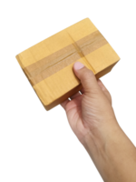 hand holding brown paper box package, transparent background png