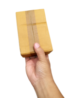 hand holding brown paper box package, transparent background png