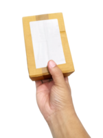 hand holding brown paper box package, transparent background png