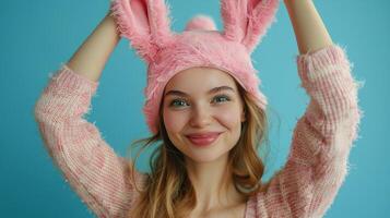 Woman With Bunny Ears Sitting on Floor photo