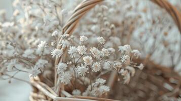 cesta lleno con blanco flores en mesa foto