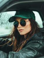 Woman Sitting in Car With Hat and Sunglasses photo