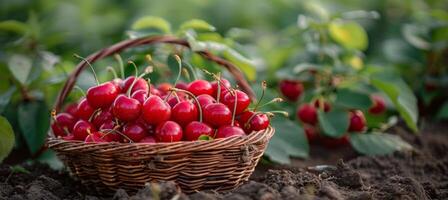 Basket of Cherries in Garden photo