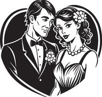 wedding couple with heart silhouette black and white illustration vector