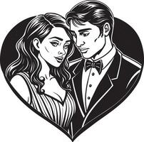 wedding couple with heart silhouette black and white illustration vector