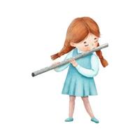 Girl In blue dress playing flute. Gand drawn cute illustration vector