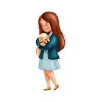 Cute girl in holds small puppy in her arms. vector