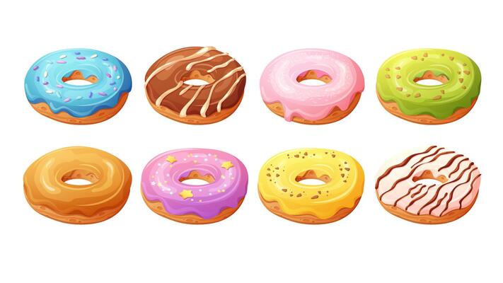 Set of yummy donuts with colorful glaze. cartoon illustration of bakery, desserts, food
