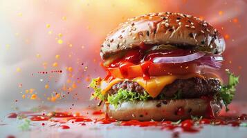 Loaded Hamburger With Various Toppings photo