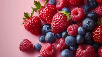 Pile of Berries and Raspberries on Pink Background photo