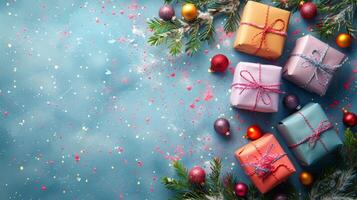 Group of Wrapped Presents on Table photo