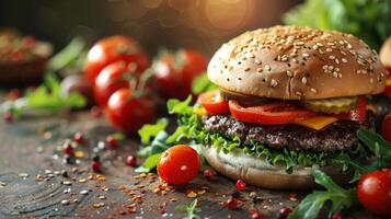 Loaded Hamburger With Various Toppings photo