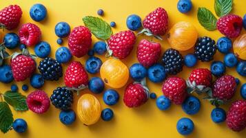 Berries, Raspberries, and Blueberries Arranged on Yellow Background photo