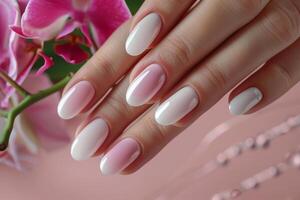 Womans Hand With White Manicure and Pink Flowers photo