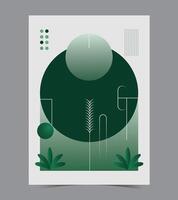 a poster with a green circle and a building in the background. vector