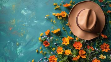 Hat Atop Bouquet of Flowers photo