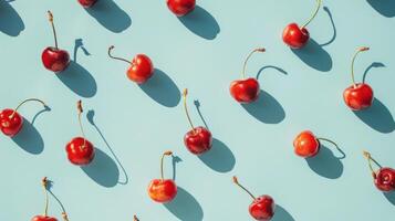 Group of Cherries on Blue Surface photo
