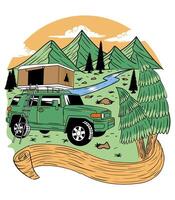 camper coche con paisaje vector