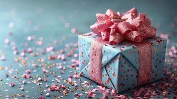 Blue Gift Box With Pink Bow photo