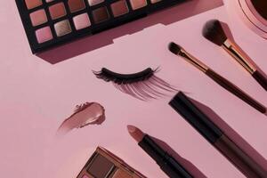 rosado superficie con varios maquillaje productos y cepillos foto