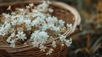 cesta lleno con blanco flores en mesa foto