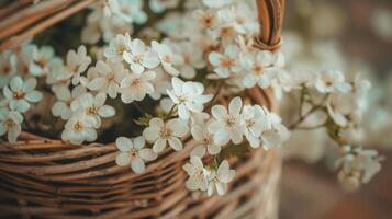 cesta lleno con blanco flores en mesa foto