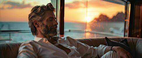 Man in White Shirt and Tie Sitting on Couch photo