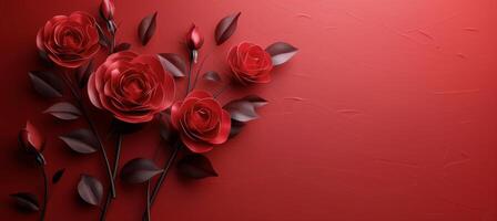 Three Red Roses on a Red Wall With Green Leaves photo