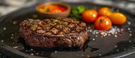 Steak on Black Plate With Tomatoes and Seasoning photo