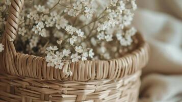 cesta lleno con blanco flores en mesa foto