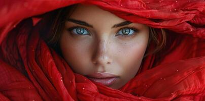 Womans Face Covered by Red Cloth photo