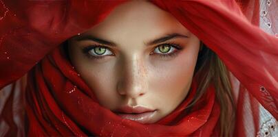 Womans Face Covered by Red Cloth photo