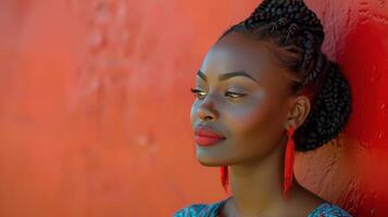 Woman With Braids Standing Against Red Wall photo