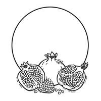 Whole pomegranate fruit, half with pulp and seeds. botanical black and white hand drawn round frame in linocut style on isolated background. For food and cosmetics packaging design, postcards vector