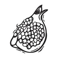 A quarter of a pomegranate, including pulp and seeds. black and white hand drawn illustration in linocut style on isolated background. Drawing for design of food and cosmetics packaging, menus. vector