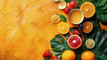 Fresh Oranges, Strawberries, Lemons, and Orange Juice photo