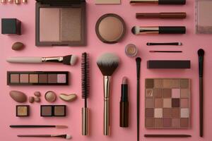 Pink Surface With Various Makeup Products and Brushes photo