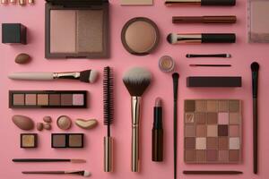 rosado superficie con varios maquillaje productos y cepillos foto