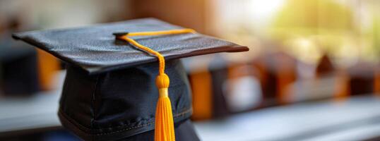 Graduation Cap and Tassel Against Blurry Background photo