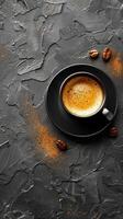 A Cup of Coffee Surrounded by Coffee Beans photo