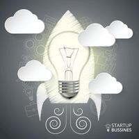 Rocket with lightbulb for startup infographic. Can be used for workflow layout, banner, diagram, web design. vector