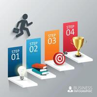 Illustration of the four steps to success with lightbulb, books, pen, target and the trophy cup. Can be used for infographic, banner, diagram, step up options. vector