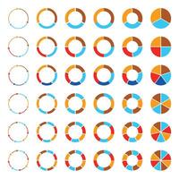 Segmented and multicolored pie charts and arrows set with 3, 4, 5, 6, 7 and 8 divisions. Template for diagram, graph, presentation and chart. vector
