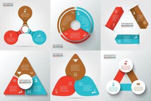 flechas, triángulo, círculos y otro elementos para infografía. modelo para ciclo diagrama, grafico, presentación y redondo cuadro. negocio concepto con 3 opciones, partes, pasos o procesos. vector